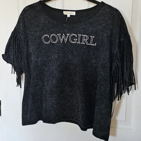 ✨ NWT No Comment "Cowgirl" Fringed Crop Tee - Black Heather XL ✨ - Picture 1 of 3